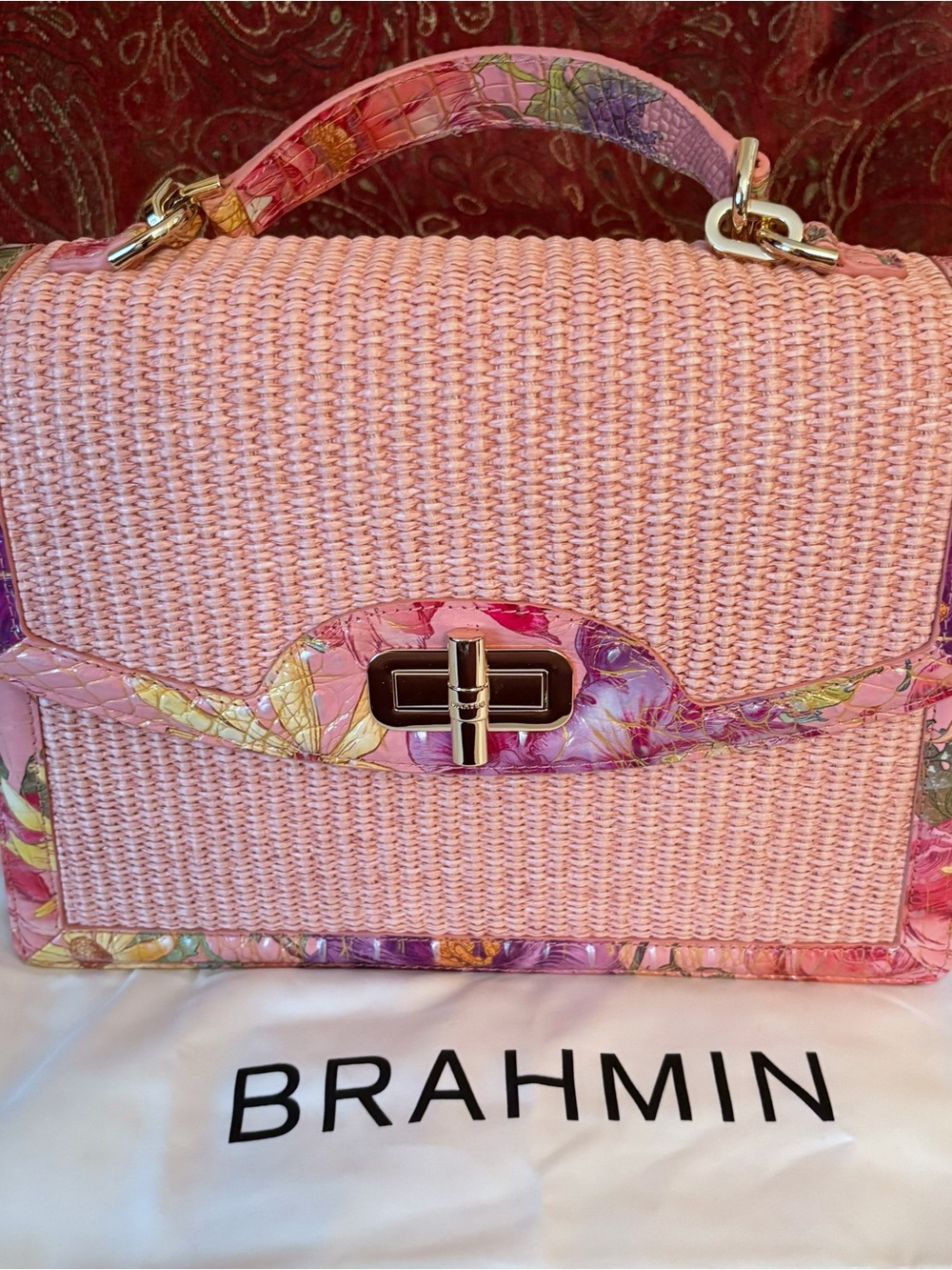 Brahmin Hallie Straw and Croc Embossed Pink Satchel with Floral Trim - Picture 2 of 9